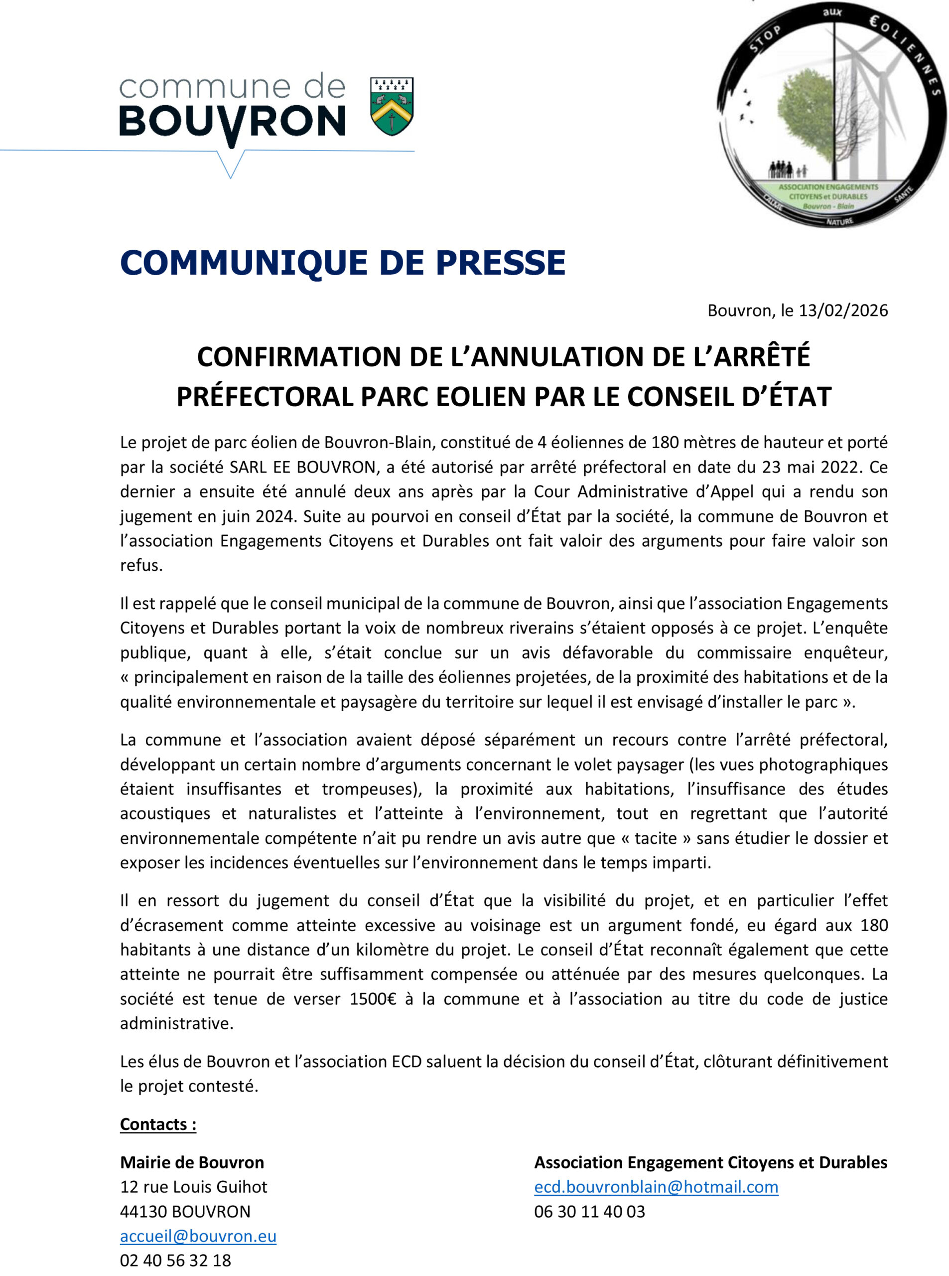 CONFIRMATION DE L’ANNULATION DE L’ARRÊTÉ PRÉFECTORAL PARC EOLIEN PAR LE CONSEIL D’ÉTAT